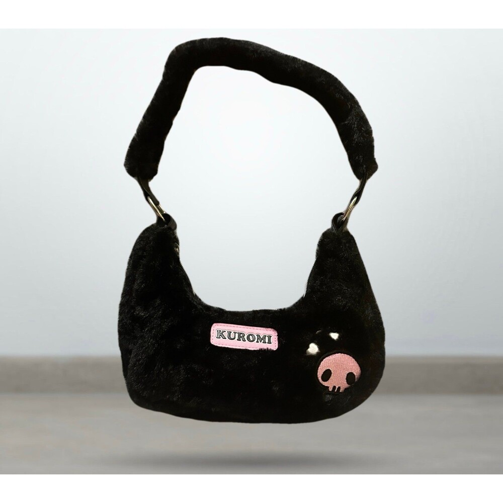 Hot Topic Black Faux Fur Kuromi Patch Shoulder Bag with Pink Accent